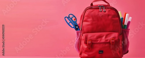 A striking red school backpack containing assorted stationery such as scissors, glue sticks, and highlighters, set against a cheerful pink background with space for text.