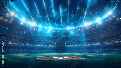 the electrifying ambiance of a professional baseball grand arena under the vibrant night lights, where the crack of the bat and the roar of the crowd merge