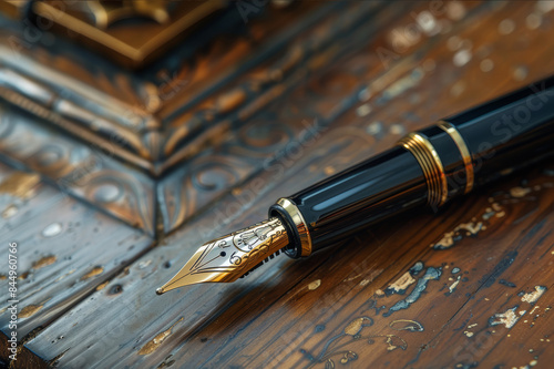A detailed close-up of a vintage fountain pen with intricate engravings laid on an elegant, wooden desk.. AI generated.
