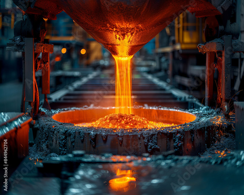 Molten metal being poured from crucible into mold industrial foundry, metallurgical processes