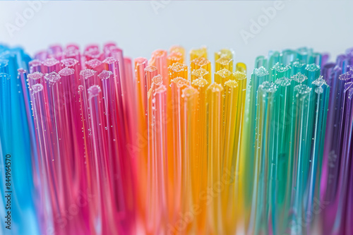 Close-up of colorful bristles of a toothbrush, with each bristle clearly detailed, set against a white background.. AI generated.