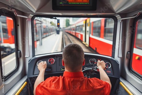 Train operator in red uniform driving