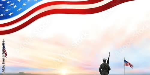 Luxury Memorial Day banner with copy space, USA Veterans Day background, soldier silhouette, and flower field.