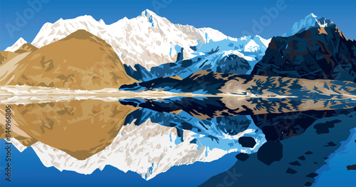 Mount Cho Oyu mirrored on the lake surface, Cho Oyu base camp, morning view, vector illustration, Gokyo valley, Khumbu valley, Everest area, Sagarmatha national park, Nepal himalayas mountains