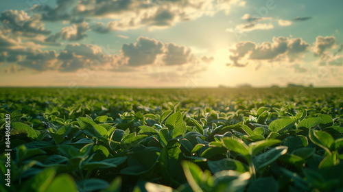 A field of green plants with a bright sun in the background
