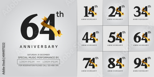 anniversary logotype set vector, black color and gold ribbon for special day celebration