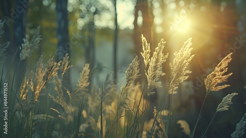 the serene beauty of wild grasses swaying in the forest at sunset, with a mesmerizing macro perspective and soft vintage hues, creating a captivating summer nature scene in high-definition realism
