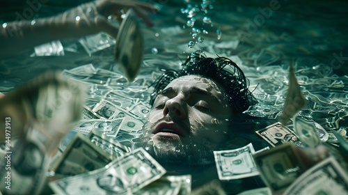 the suffocating weight of debt in a high-definition, realistic image of a man submerged under a sea of money, symbolizing the drowning effect of financial burdens in today's troubled society