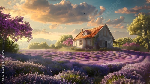 the tranquility of a charming small house nestled amidst a vibrant lavender field, bathed in the soft morning light of spring, creating a picturesque and serene landscape. Realistic HD