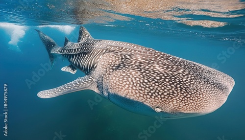 whale shark - Rhincodon typus - is a slow moving, filter feeding carpet shark and the largest known extant fish that inhabit the open waters of all tropical oceans. isolated on white or blue