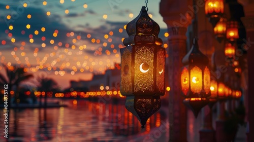 Ramadan night and lanterns, with new crescent and stars in the sky, Islamic art and architecture