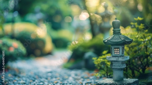 Soft and dreamy defocused background of a Zen garden capturing the essence of serenity with blurred miniature pagodas and luscious greenery in the distance. .