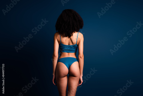 No retouch photo of gorgeous pretty lady underwear lingerie accepting pimple skin empty space isolated blue color background