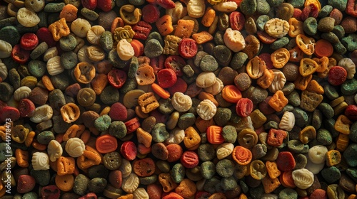 Colorful dry dog food in different shapes covering entire image providing balanced diet for canine companions