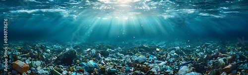 undersea or ocean bottom full of garbage and plastic waste as wide banner for environmental and recycle concepts