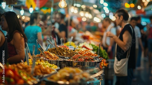 An outoffocus view of a busy food festival where people of all ages and backgrounds come together to taste a melting pot of global flavors creating a dynamic and energetic atmosphere. .