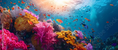 Vibrant marine life glides elegantly amidst the coral reef, flaunting an enchanting palette of colors that outshines the tropical sunset