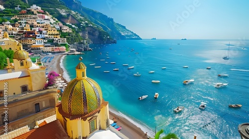 view of Positano town - famous old italian resort at summer day
