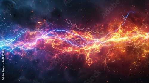 Intense and colorful lightning bolts in a dark sky, illustrating powerful energy and electric phenomena with vivid colors.