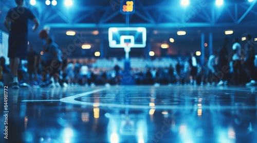 Defocused Amid the dramatic lighting and pulsing music the basketball court becomes a stage for the players to showcase their skills. The blurred spectators add to the electric atmosphere .