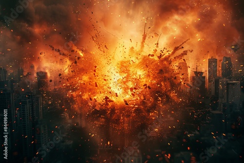 Dramatic explosion in a cityscape, with massive fireball and smoke engulfing buildings. Intense action scene showcasing fiery devastation.