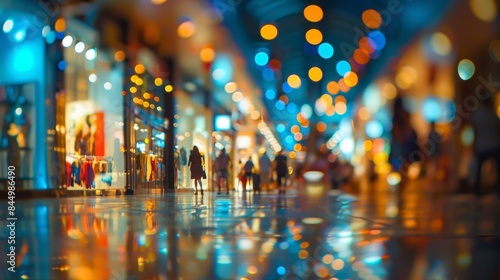 Blurred lines of colorful storefronts meld seamlessly with the crisp open design of a shopping mall creating a serene and sophisticated ambiance. .