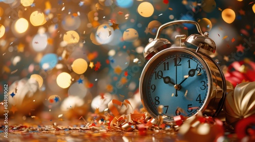Counting Down to the New Year: Festive Celebration with Alarm Clock and Confetti
