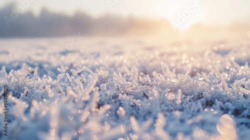 Defocused view of frozen landscape Blurred background showcasing a frosty field with s of delicately detailed ice crystals littering the surface. .
