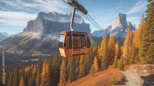 a gondola moving through a pine forest with a beautiful mountain backdrop