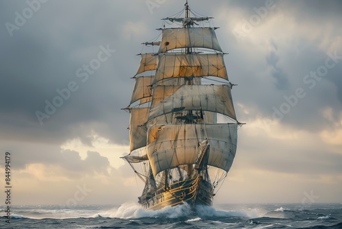 A majestic 19th-century tall ship sailing on rough seas under a dramatic, stormy sky, capturing the adventurous spirit and historic voyages of the era