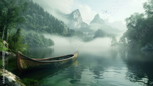 Traditional wooden canoes float on the waters of a lake in the middle of a forest in a calm, misty morning.