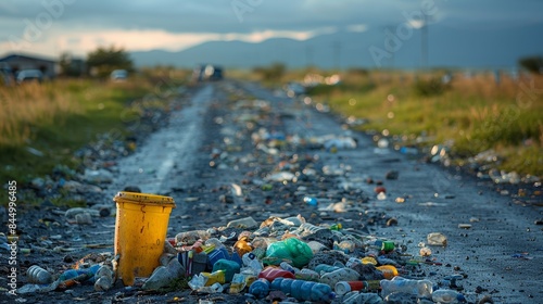 A rural road strewn with various types of plastic waste, reflecting the environmental impact of pollution in a seemingly natural, scenic landscape