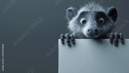 Curious and Wide Eyed Lemur Peeking Over a Blank Sign on a Dark Gray Background Captivating Close Up Wildlife Photography Emphasizing Lemur Behavior and Features