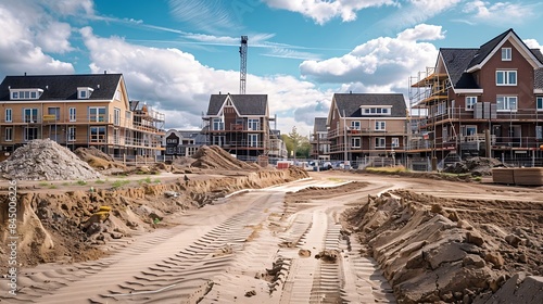 construction site of a new Dutch Suburban area with modern family houses newly built modern family homes in the Netherlands : Generative AI