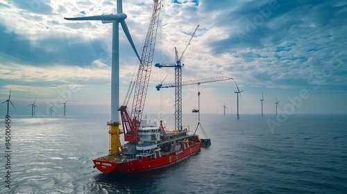 A transport ship and crane for the construction of an offshore windpark Ijsselmeer The Netherlands : Generative AI