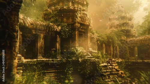 Blurred Ancient Ruins Ast overgrown foliage and tered stones the ruins of an ancient civilization emerge their opulence and grandeur still visible through the dreamlike defocused haze. .