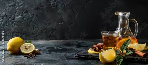 hot whiskey with lemon, honey and spices. On a dark background