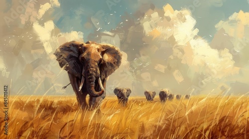 Towering African Elephant Matriarch Leading Her Herd Across the Sweeping Golden Grasslands Their Trunks Intertwined in an Atmospheric Plein Air Landscape with Loose Brushstrokes