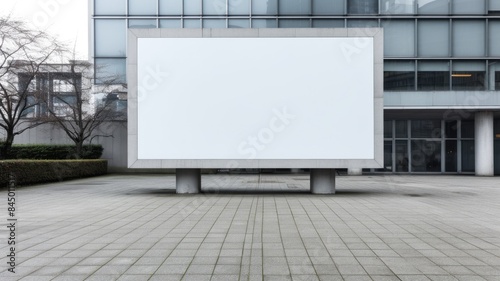 Urban billboard mockup mounted on a concrete wall in a city environment. A large, blank billboard in the middle of a city square. The billboard has a black metal frame. Advertisement concept. AIG35.