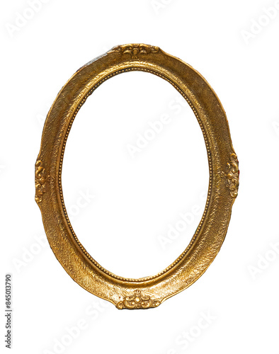 Old oval vintage wooden golden frame isolated on white