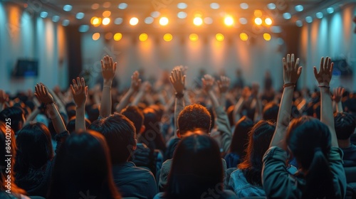 The crowd is excited and raising their hands in the air at a concert or event.