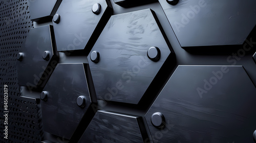 Abstract close-up of hexagonal black metal plates with textured surface and bolts.