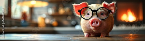 A pig wearing glasses looks curiously at the camera.