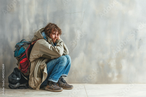 Desolate homeless man sitting on ground