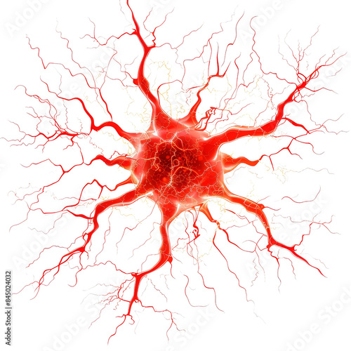 Detailed illustration of a glowing red neuron with branching dendrites, showcasing a vibrant network of neural connections.