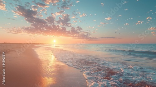 Tranquil Beach Morning A serene sunrise stroll along the shore, capturing the tranquility of a beach morning