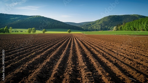 A peaceful field - rows of freshly ploughed earth, carefully prepared for planting next season's crop, symbolising the promise of growth and the cyclical nature of agricultural life.