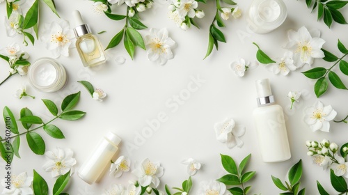 Mockup of beauty products on white background with jasmine flowers for vintage design