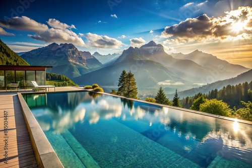 infinity pool on resort roof with mountain view