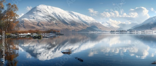 A panoramic view of Loch Lomond, Scotland, on a calm winter day. The snow-capped mountains rise above the calm water, reflecting the blue sky and white clouds